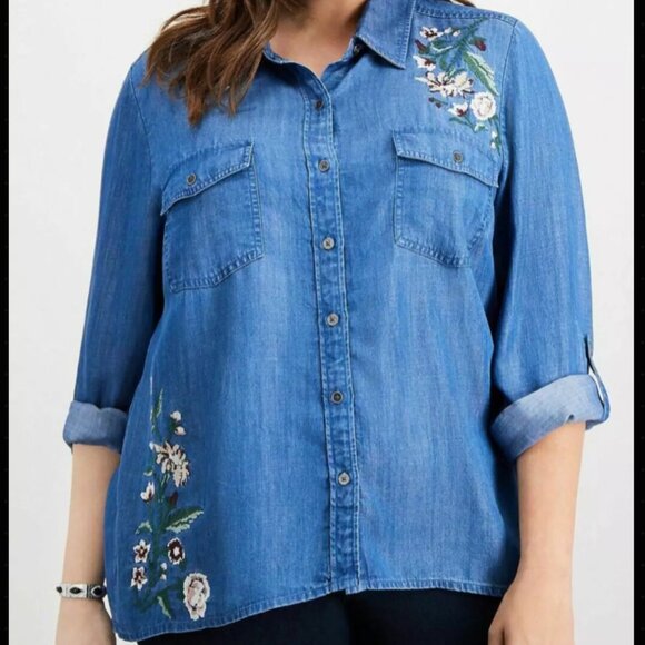 STYLE and Co Womens Embroidered Floral Print Button-Down Denim Top, Size Ox - Picture 1 of 4